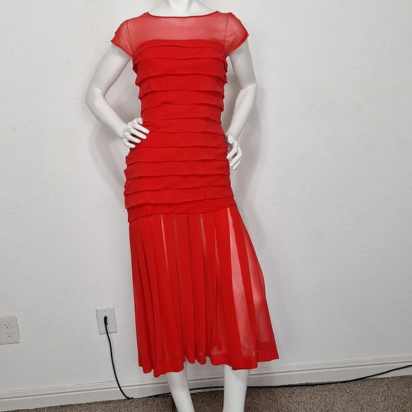 Carmen Marc Valvo Classic Red Romantic Cocktail Sheer Silk Feminine Midi Dress 6 - Picture 1 of 10